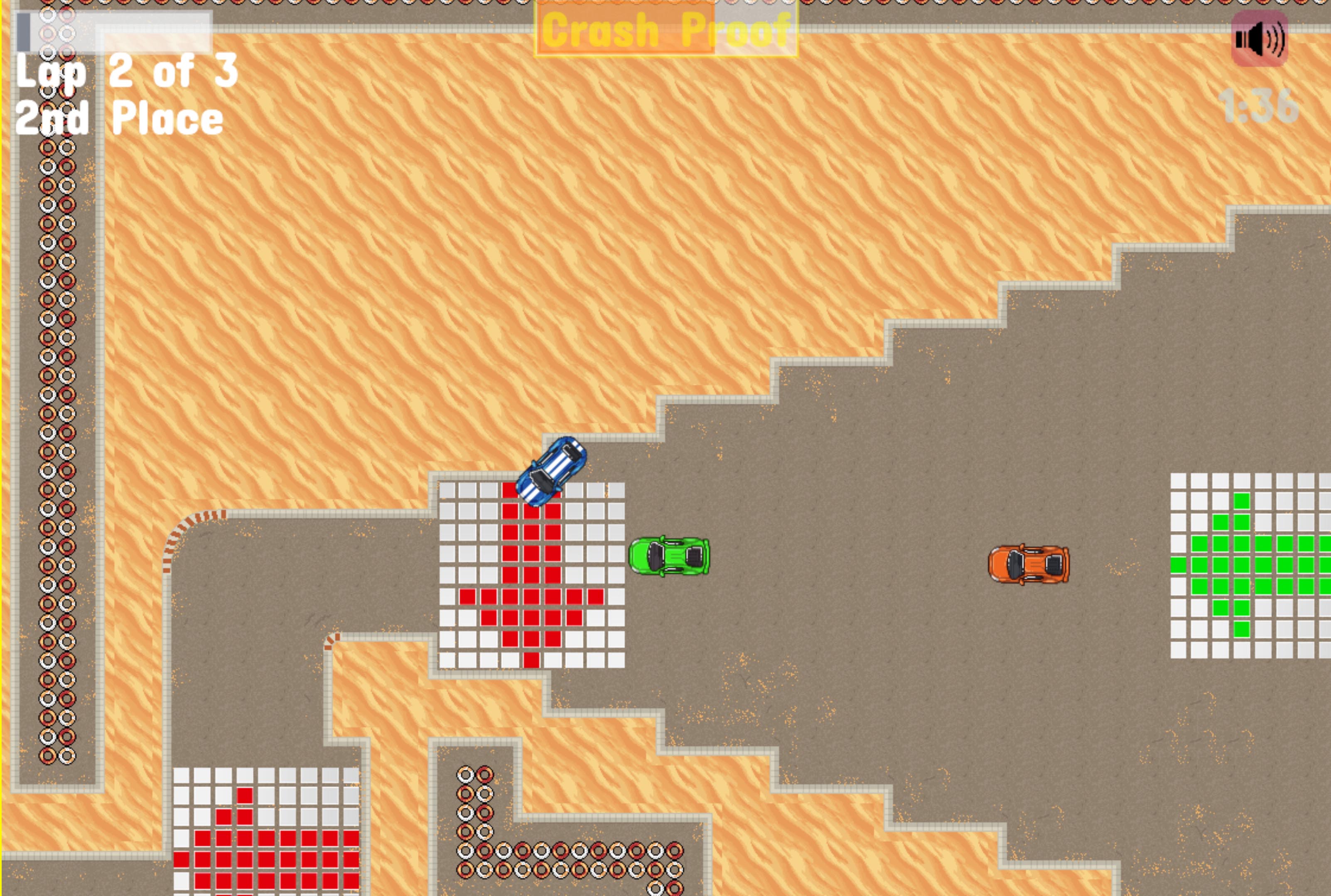 This is a screenshot from Conflict Cars. The player is blue race car on a desert track.