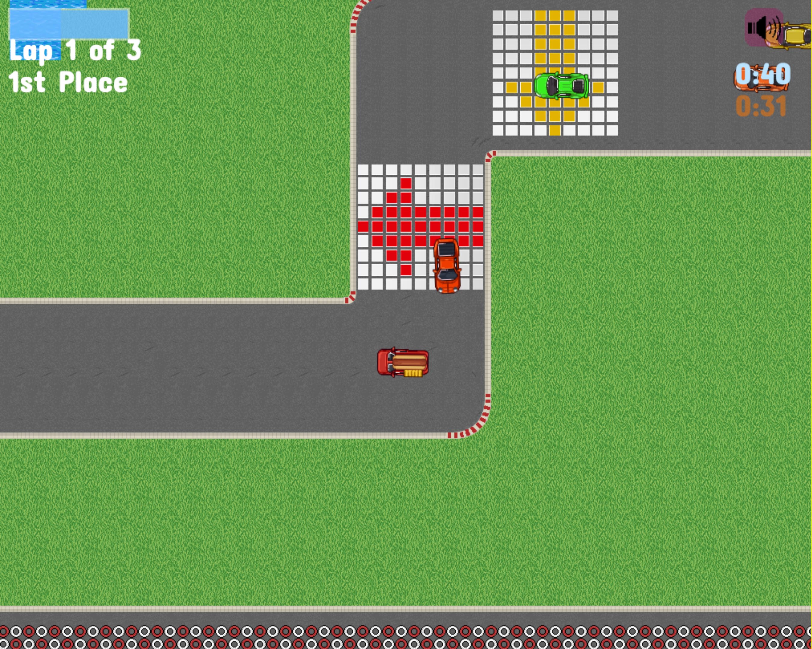 This is a screenshot from Conflict Cars. The player is a hotdog truck racing through a grass level.