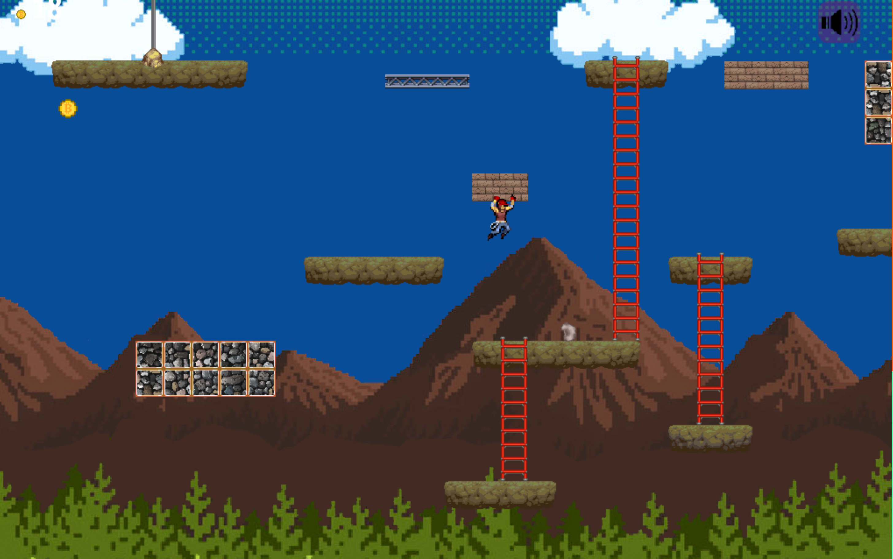 This is a screenshot from Context Clues Climber 2. The player is hanging from bricks in a forest level.