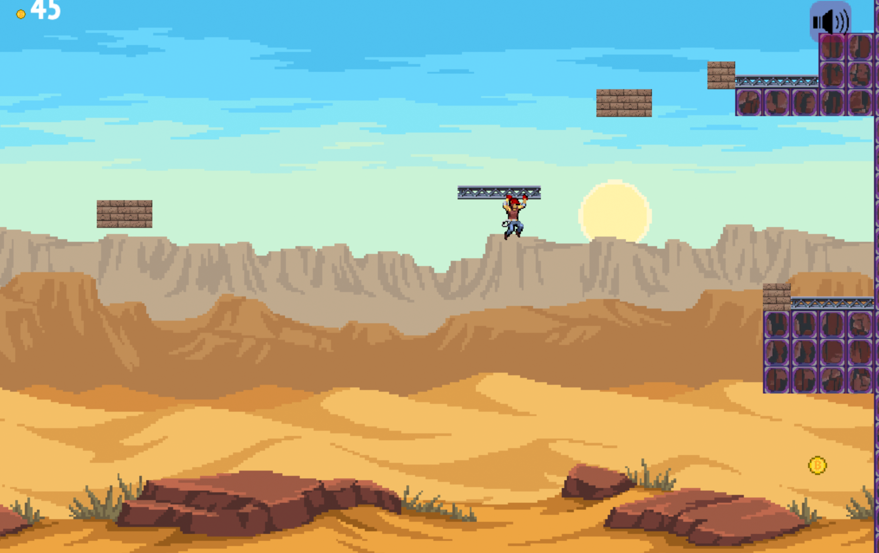 This is a screenshot from Context Clues Climber 2. The player is hanging from a girder in a desert level.