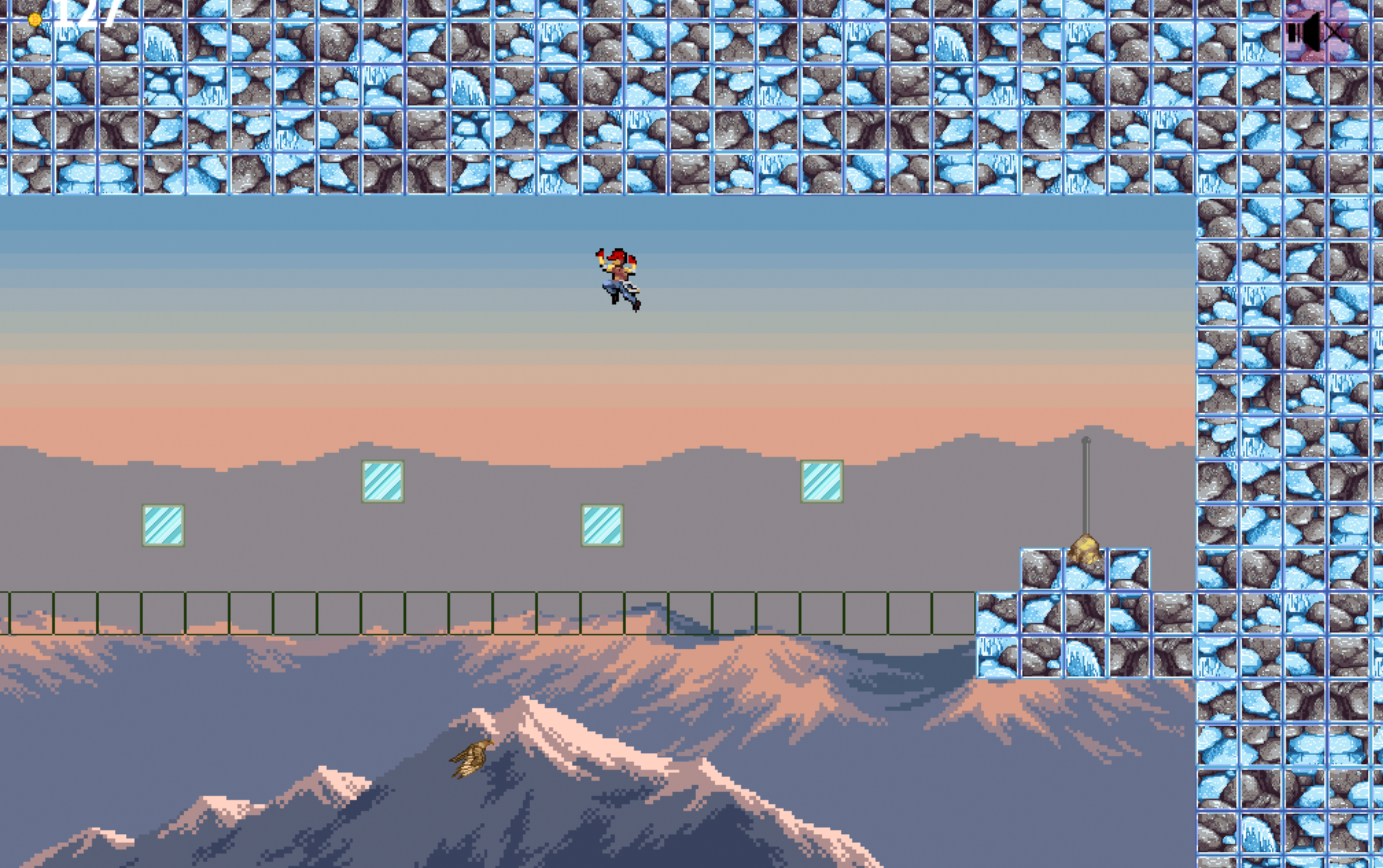 This is a screenshot from Context Clues Climber 2. The player is jumping across ice blocks in a winter level.