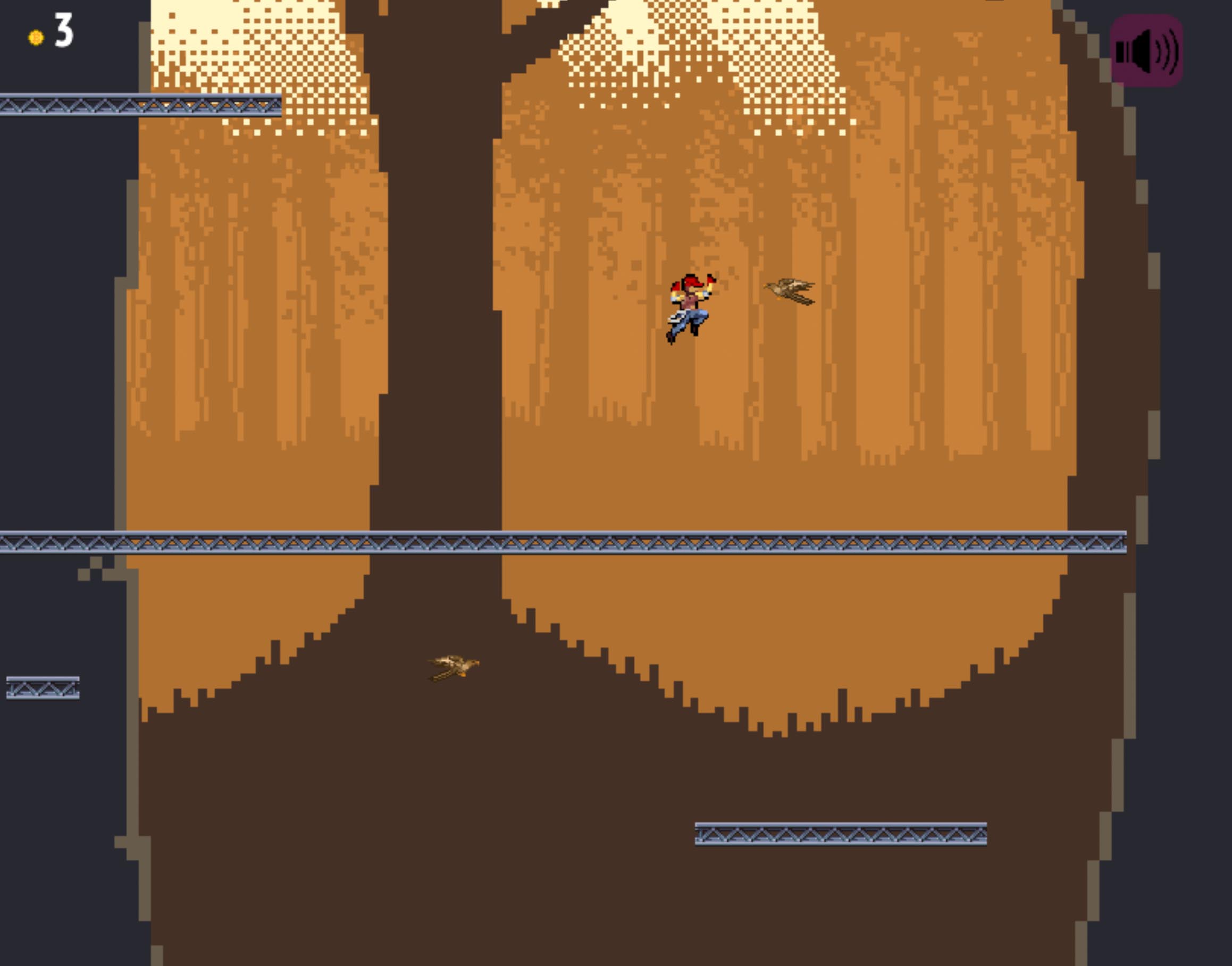 This is a screenshot from Context Clues Climber. The player is jumping on girders through a sunlit forest.