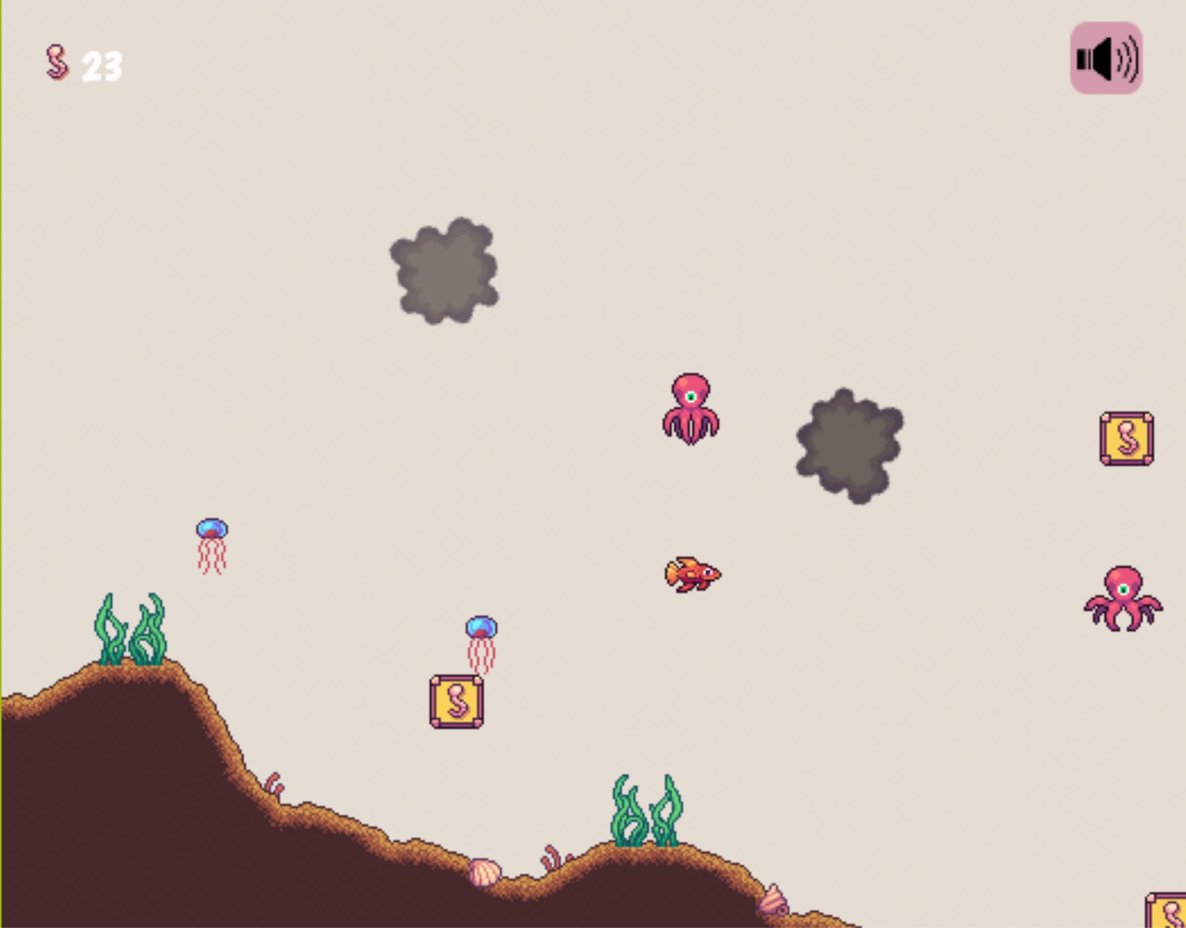 This is a screenshot from Genre Piranha. The player is being hunted by an octopus who is shooting ink clouds.