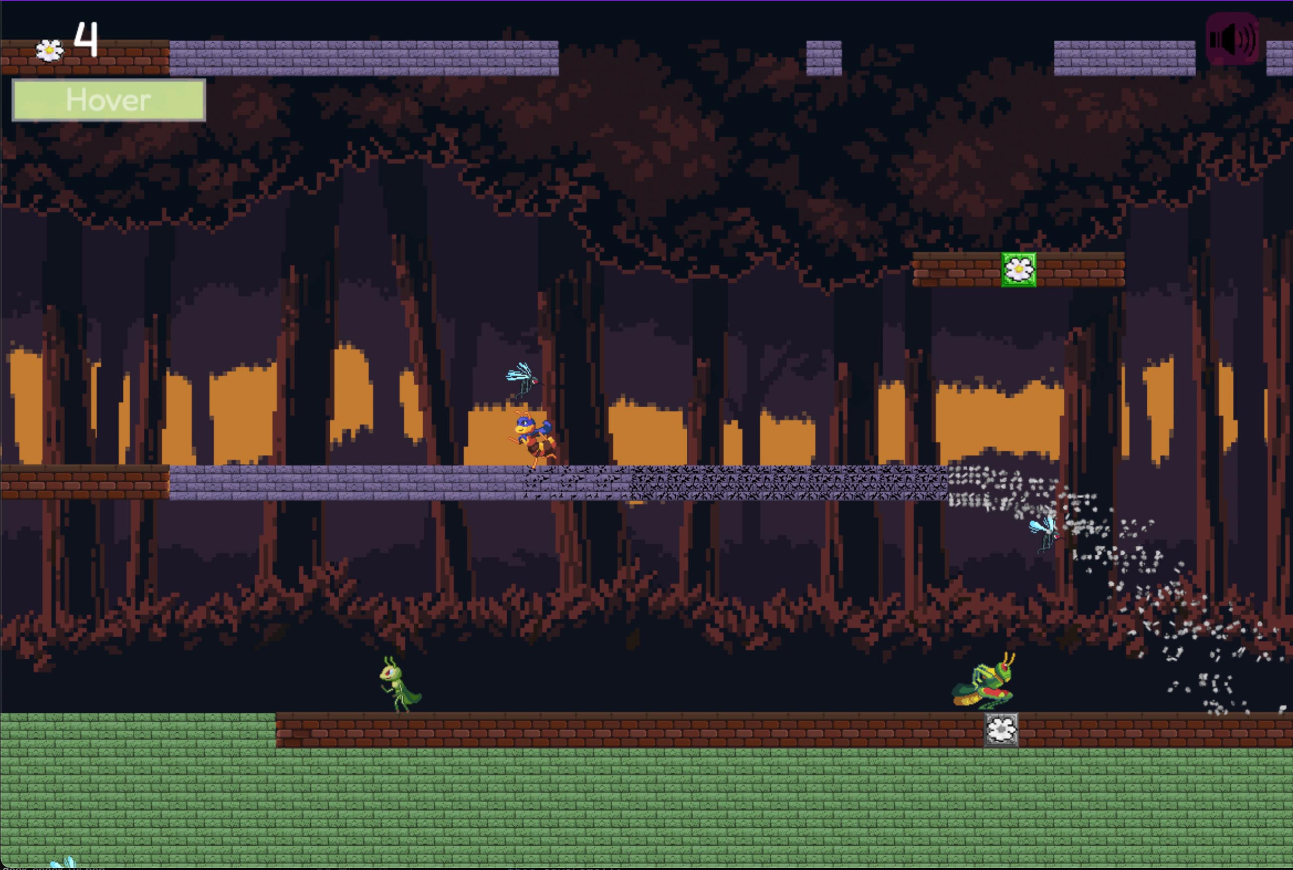 This is a screenshot from Homophone Bee. The player is running across crumbling bricks through a dark forest and surrounded by enemy insects.