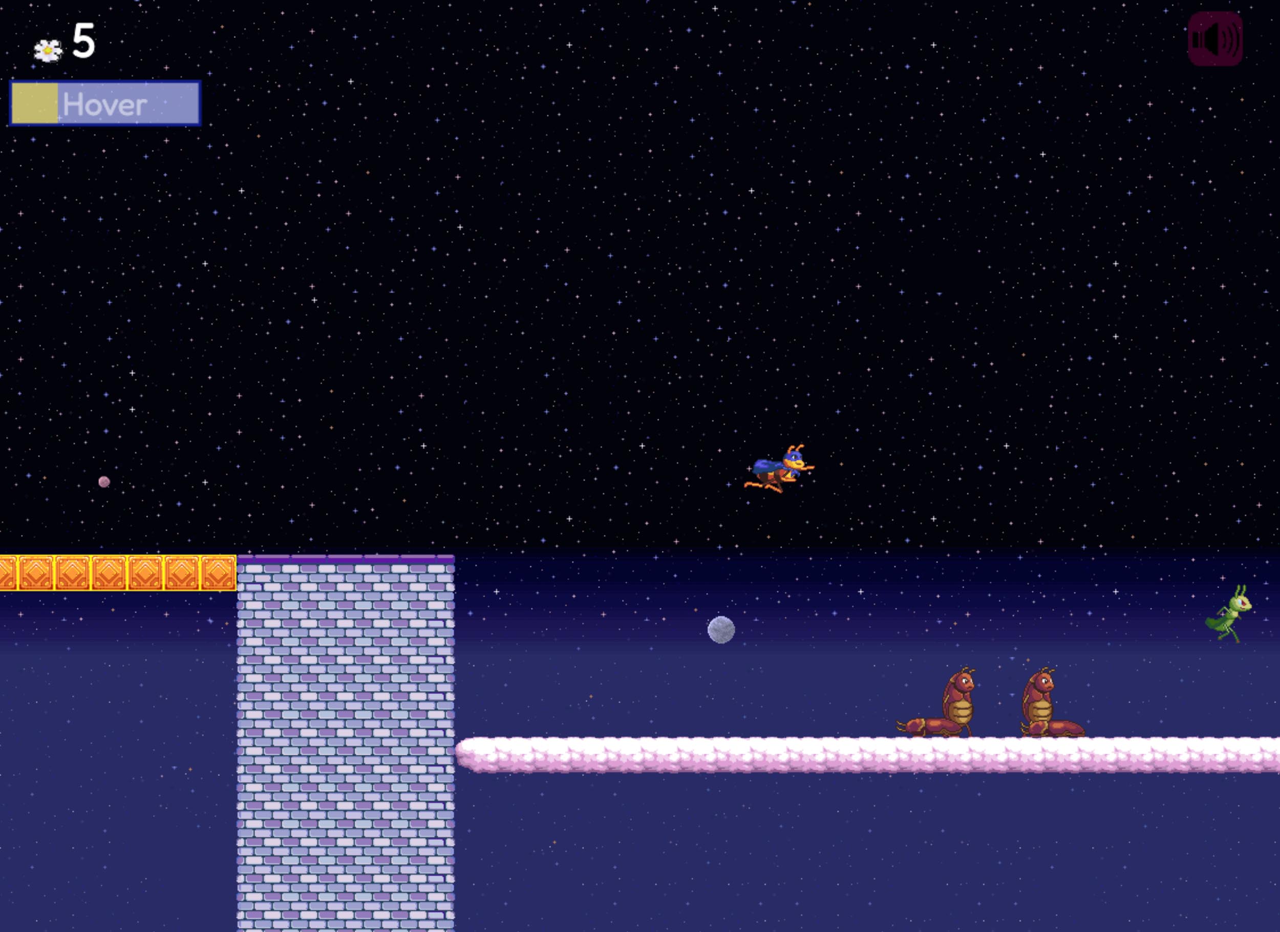 This is a screenshot from Homophone Bee. The player is flying above a cloud surface in outer space with several cockroaches below.