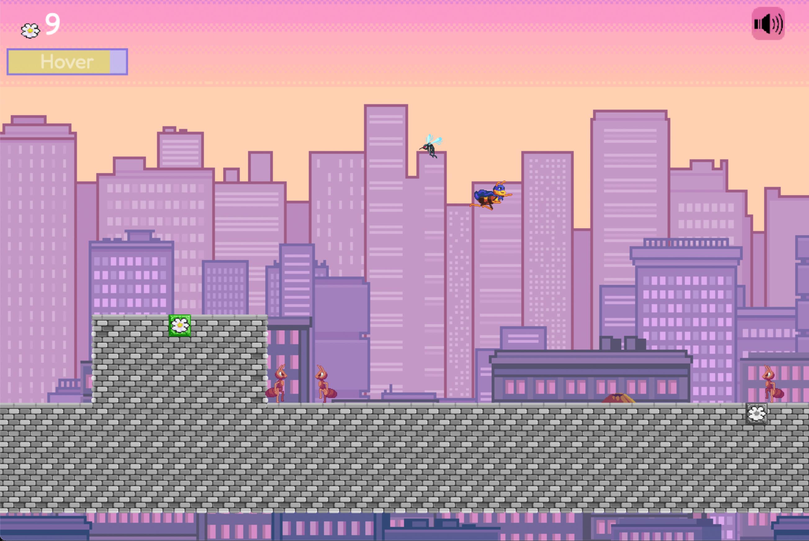 This is a screenshot from Homophone Bee. The player flying past enemy insects in the city sky during sunset.