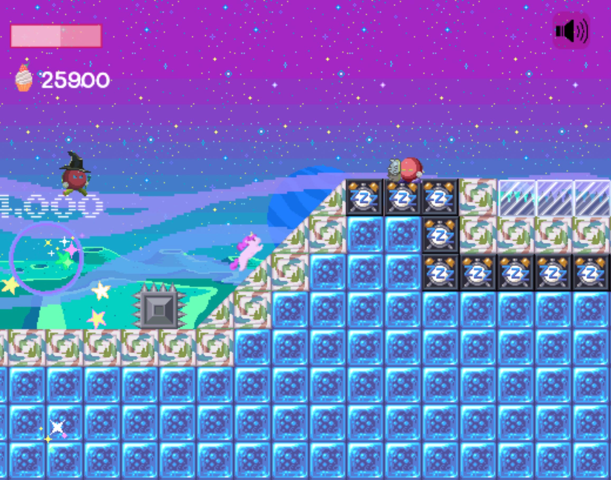 This is a screenshot from Idiom Unicorn. The player is climbing up the hill in a space level and headed toward trouble.