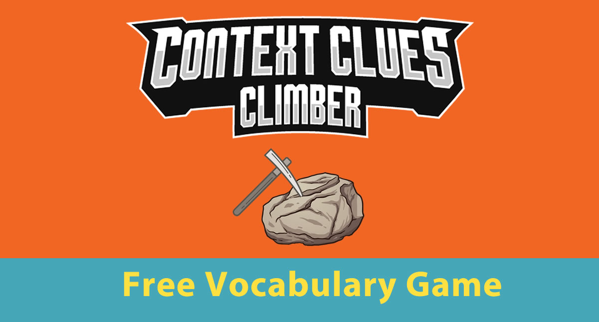 This is the title screen of Context Clues Climber, a vocabulary game.