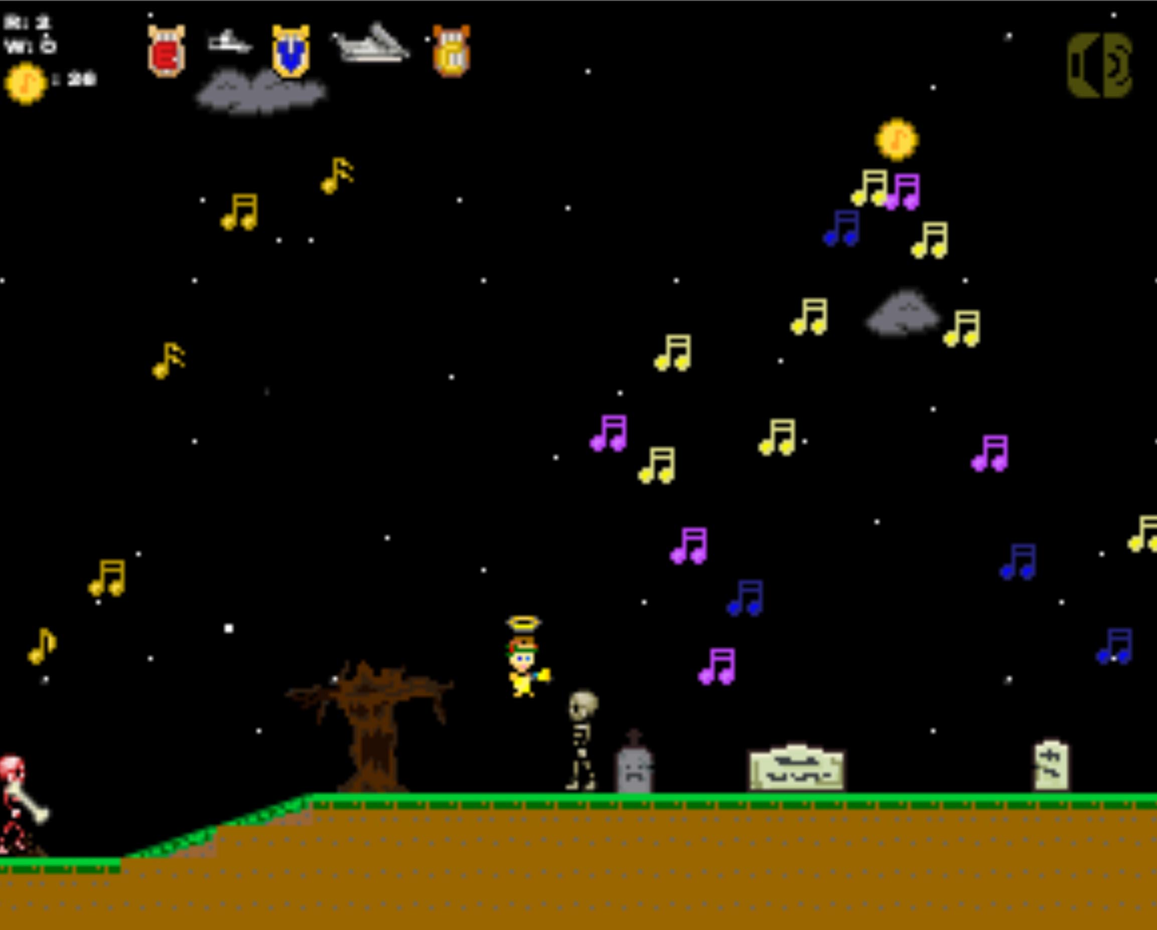 This is a screenshot from Orpheus the Lyrical. Orpheus has an invincibility powerup and is shooting a bunch of enemies with musical notes.