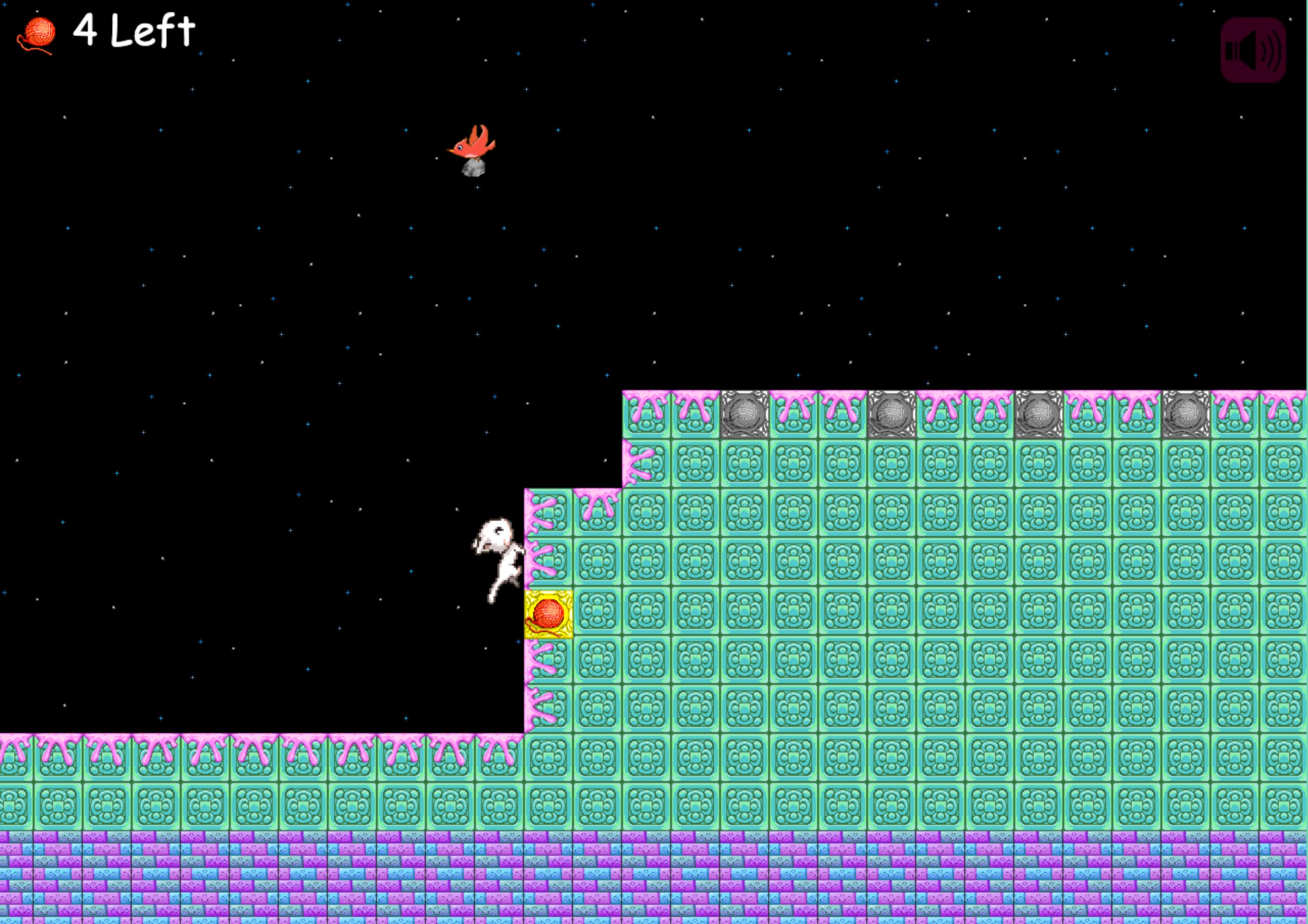 This is a screenshot from Poetry Cat. The player is climbing up a wall with gum on it and a red bird is dropping a rock on the player.