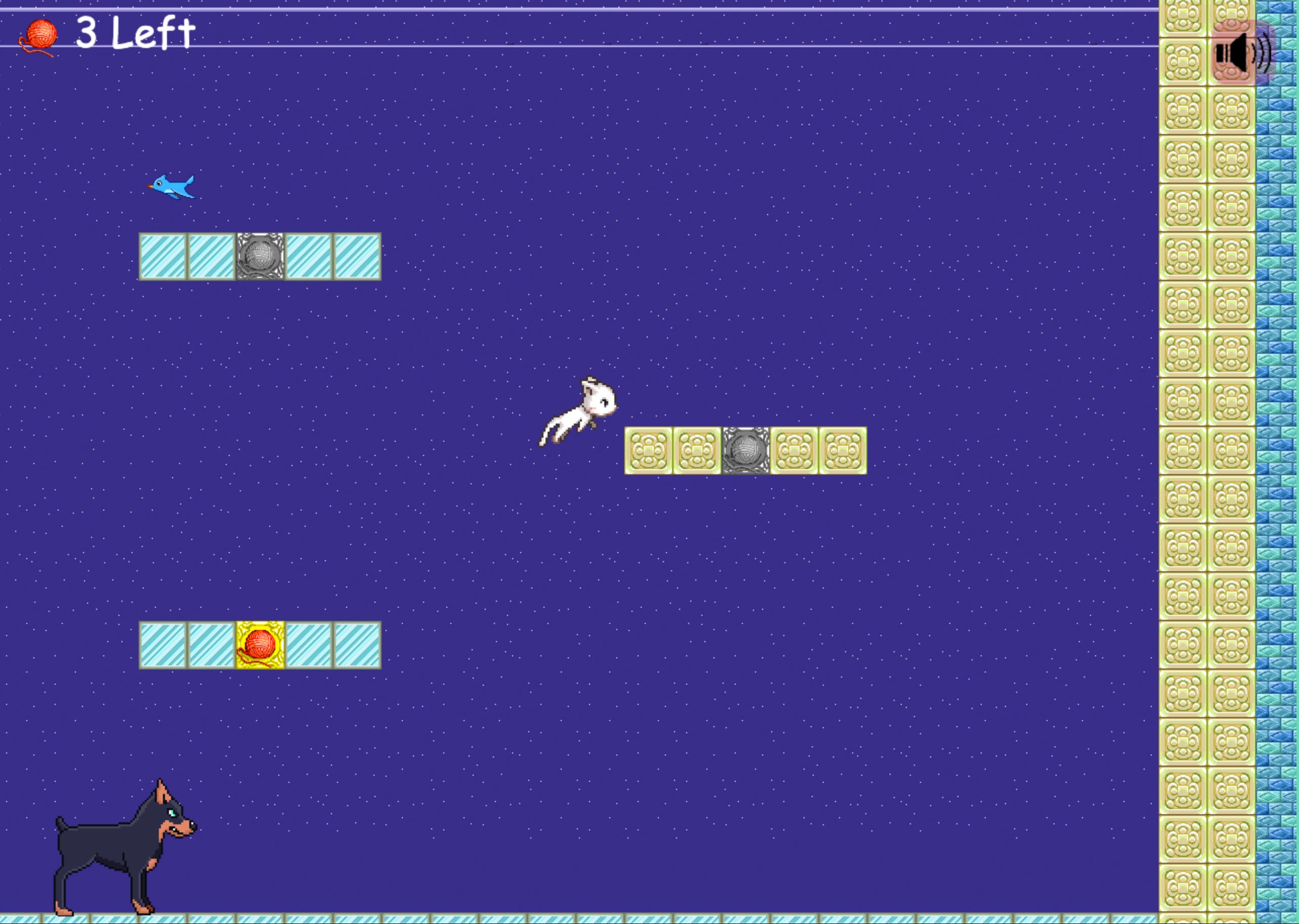 This is a screenshot from Poetry Cat. The player is jumping toward a yarn ball while a doberman patrols and icy floor.
