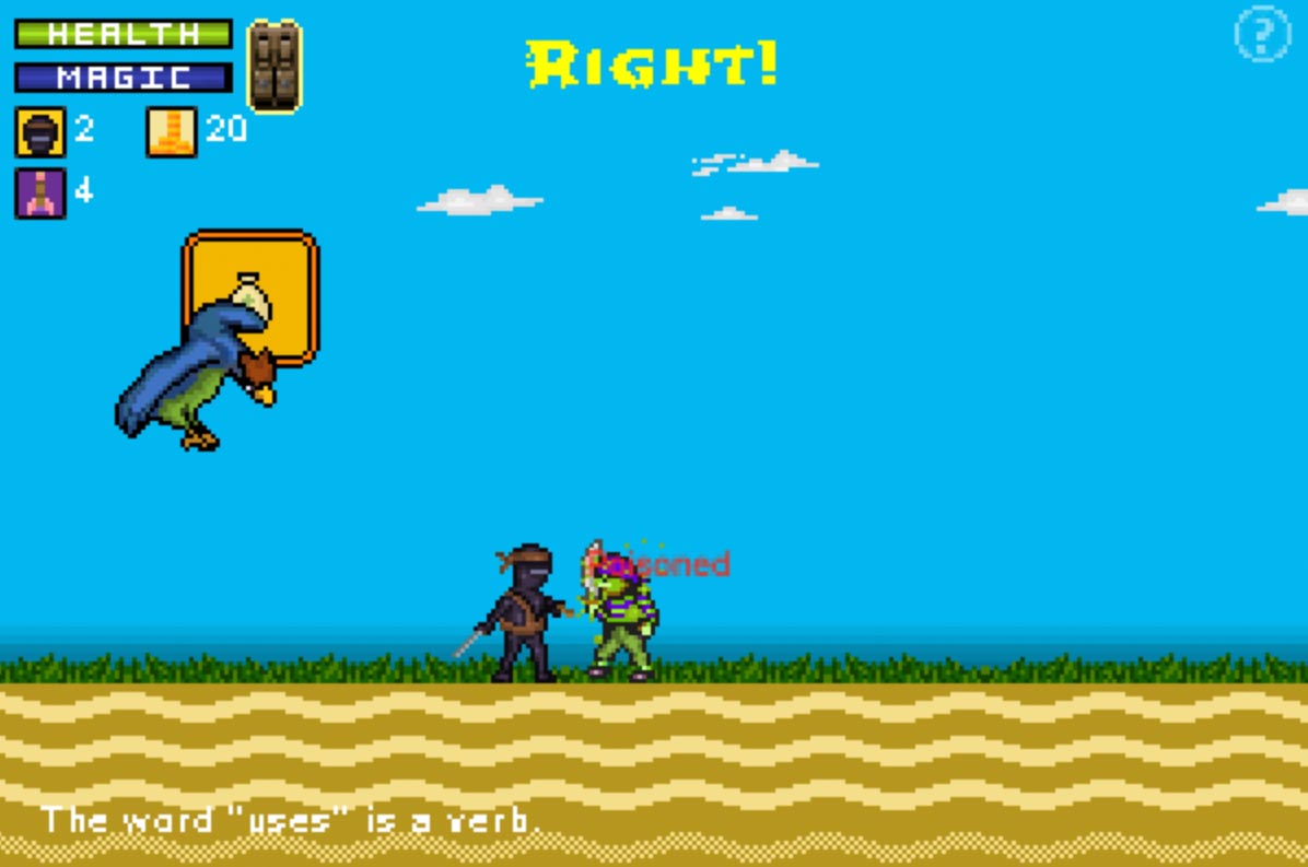 This is a screenshot from Super Grammar Ninja. The player has answered a question correctly and poisoned an enemy character.