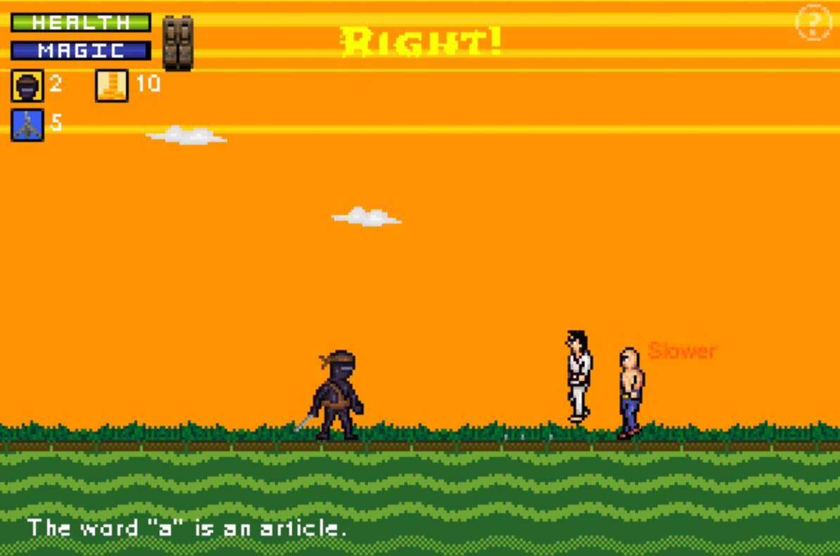 This is a screenshot from Super Grammar Ninja. The player is fighting two warriors and one of the enemies has stepped on the player's caltrops.
