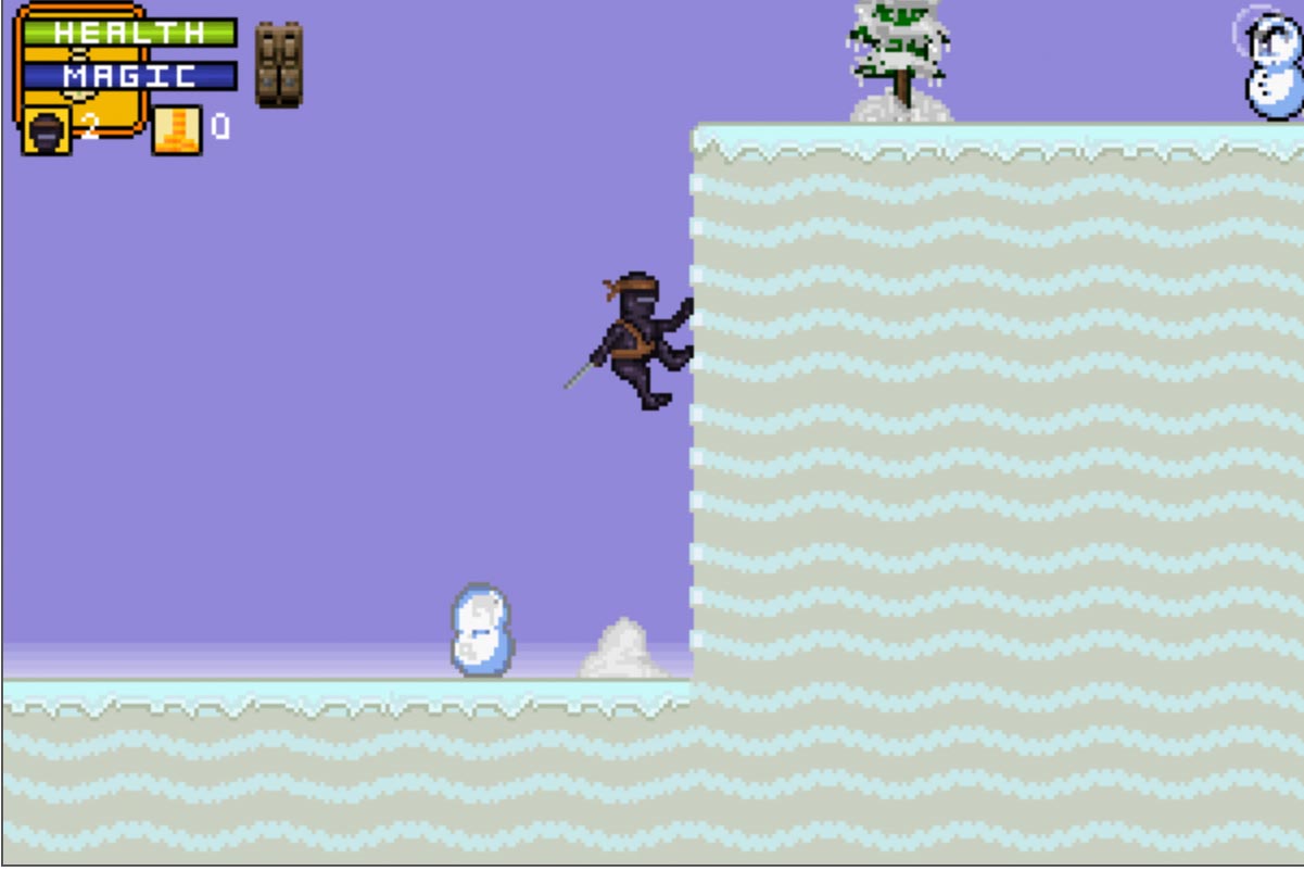 This is a screenshot from Super Grammar Ninja. The player is clinging to the wall and climbing up a snow bank.